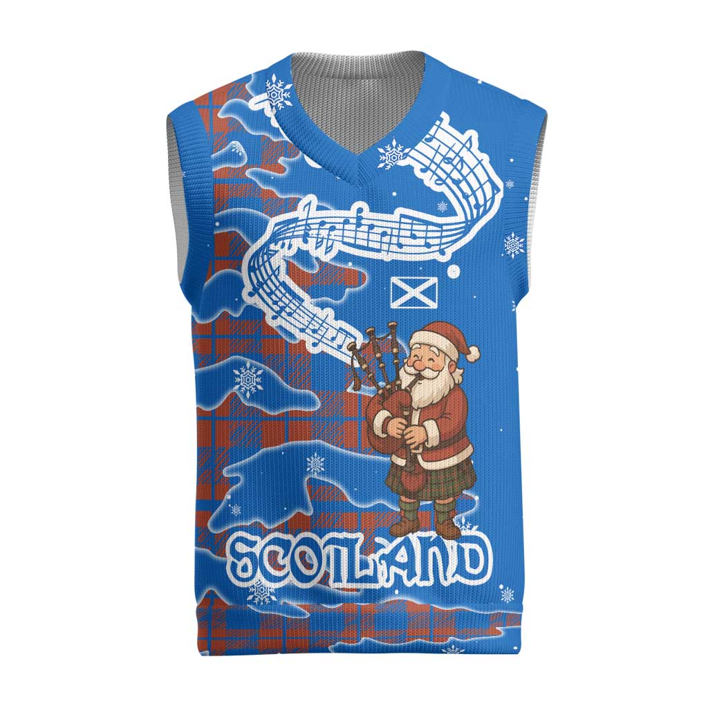 Scotland Christmas Knitted V-Neck Vest with Santa Playing Bagpipes and Blue Red Tartan Music Notes - Wonder Print Shop