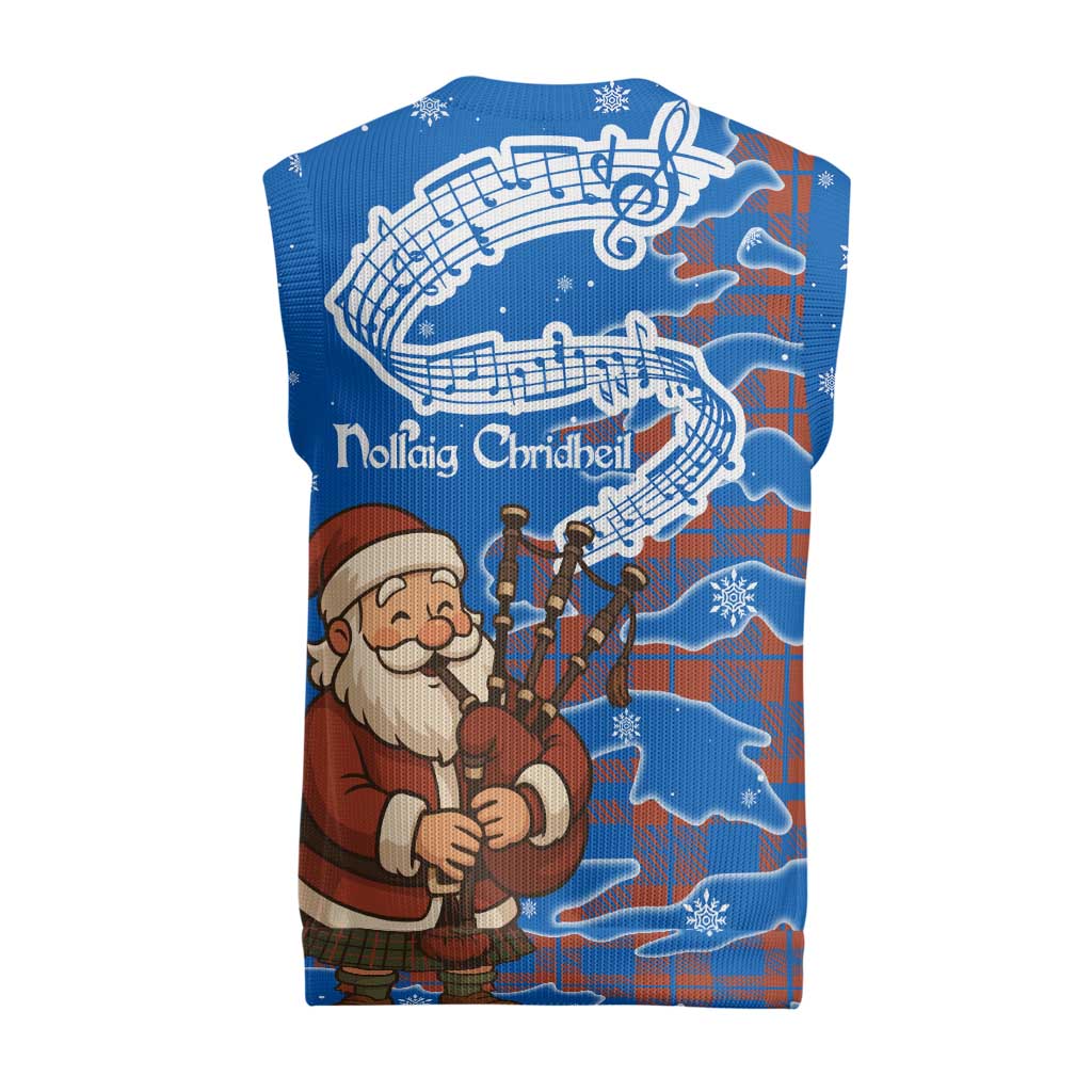 Scotland Christmas Knitted V-Neck Vest with Santa Playing Bagpipes and Blue Red Tartan Music Notes - Wonder Print Shop