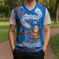 Scotland Christmas Knitted V-Neck Vest with Santa Playing Bagpipes and Blue Red Tartan Music Notes - Wonder Print Shop