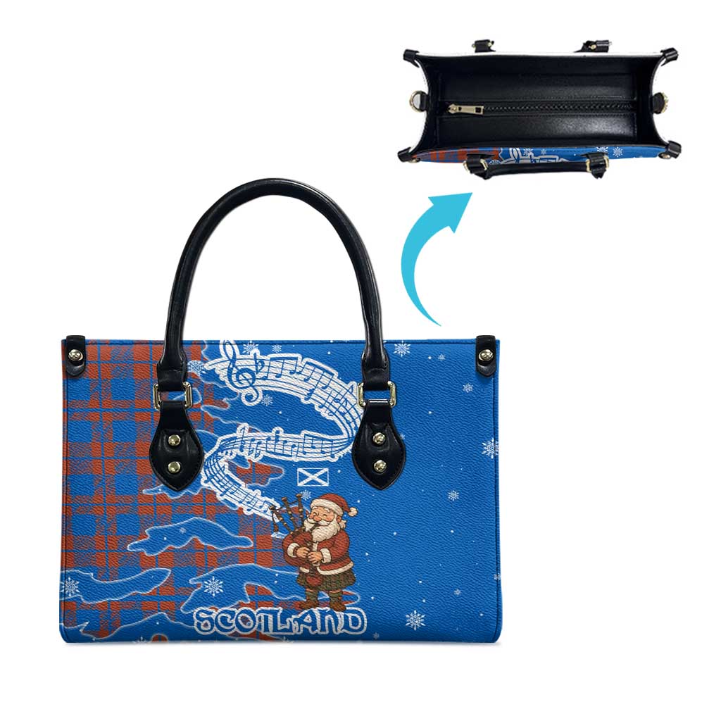Scotland Christmas Leather Bag with Santa Playing Bagpipes and Blue Red Tartan Music Notes - Wonder Print Shop