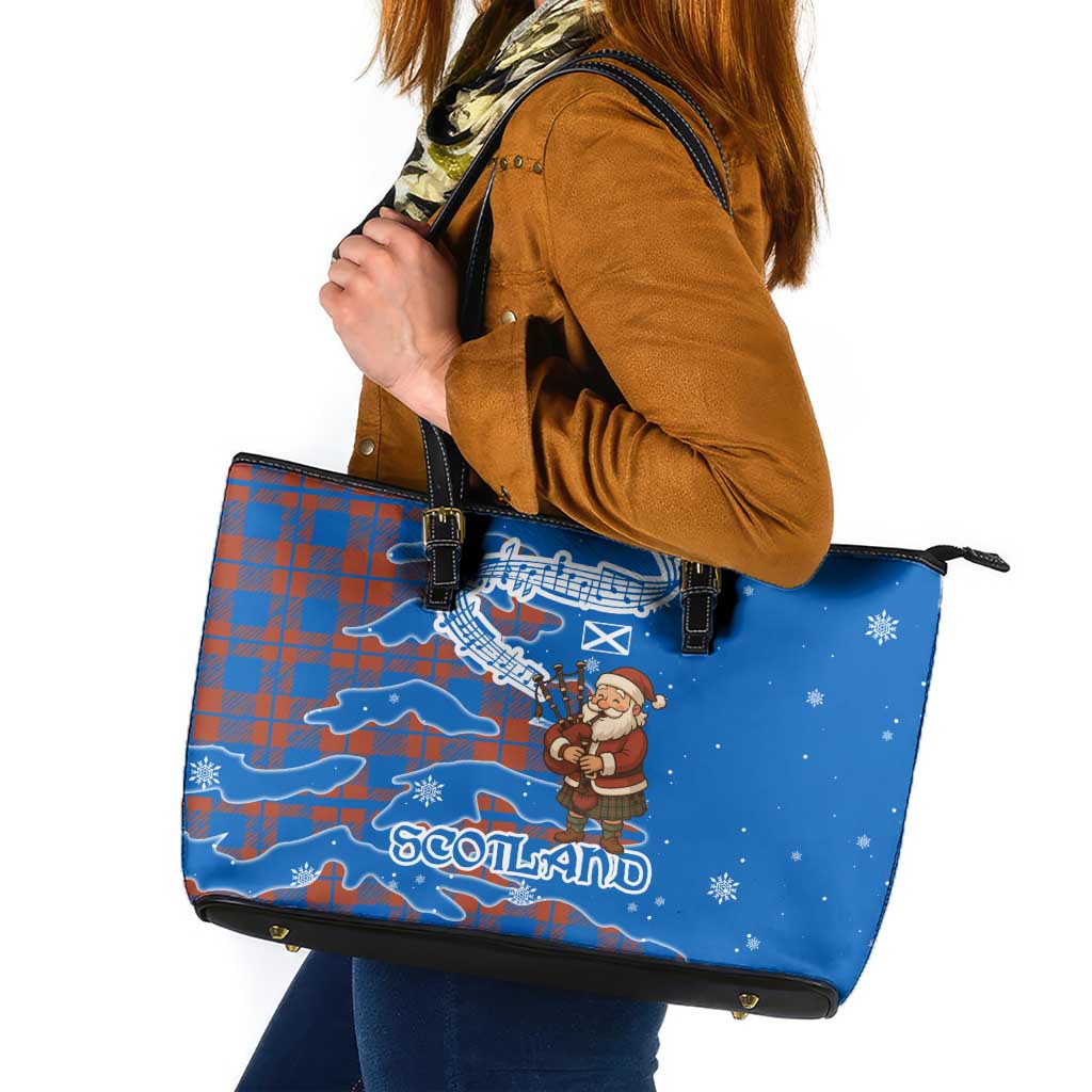 Scotland Christmas Leather Tote Bag with Santa Playing Bagpipes and Blue Red Tartan Music Notes - Wonder Print Shop