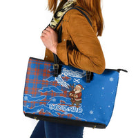 Scotland Christmas Leather Tote Bag with Santa Playing Bagpipes and Blue Red Tartan Music Notes - Wonder Print Shop