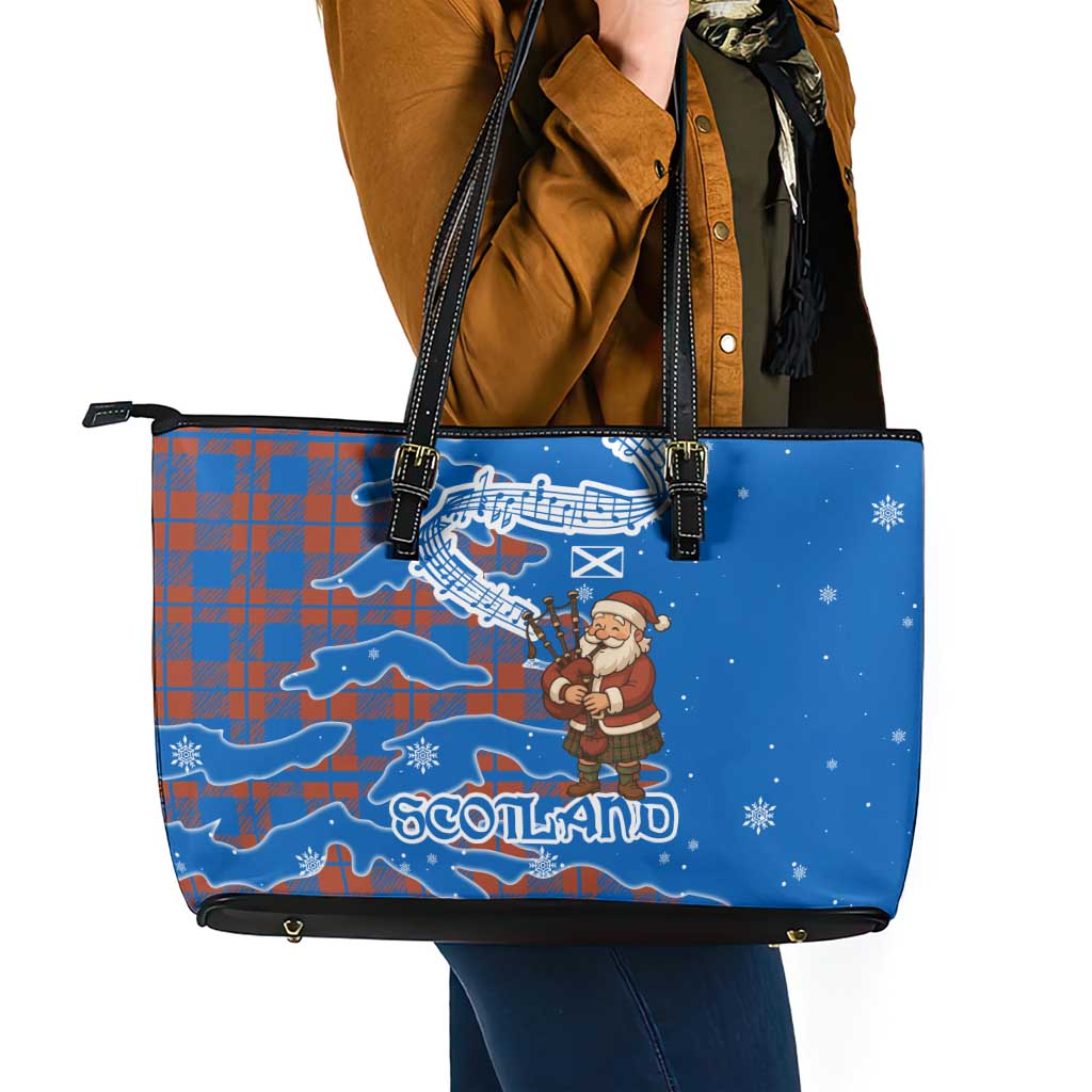 Scotland Christmas Leather Tote Bag with Santa Playing Bagpipes and Blue Red Tartan Music Notes - Wonder Print Shop
