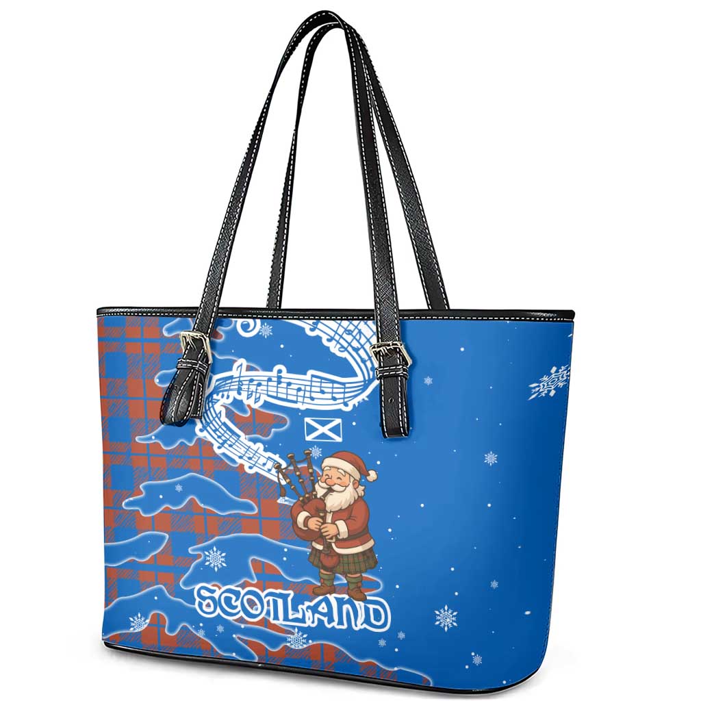Scotland Christmas Leather Tote Bag with Santa Playing Bagpipes and Blue Red Tartan Music Notes - Wonder Print Shop