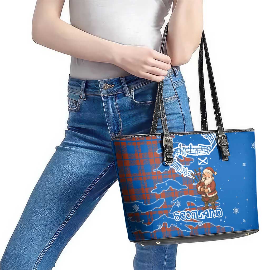 Scotland Christmas Leather Tote Bag with Santa Playing Bagpipes and Blue Red Tartan Music Notes - Wonder Print Shop