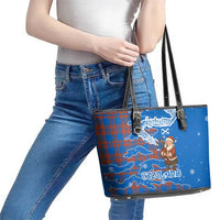 Scotland Christmas Leather Tote Bag with Santa Playing Bagpipes and Blue Red Tartan Music Notes - Wonder Print Shop