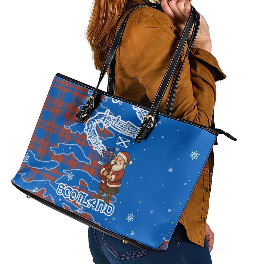 Scotland Christmas Leather Tote Bag with Santa Playing Bagpipes and Blue Red Tartan Music Notes - Wonder Print Shop