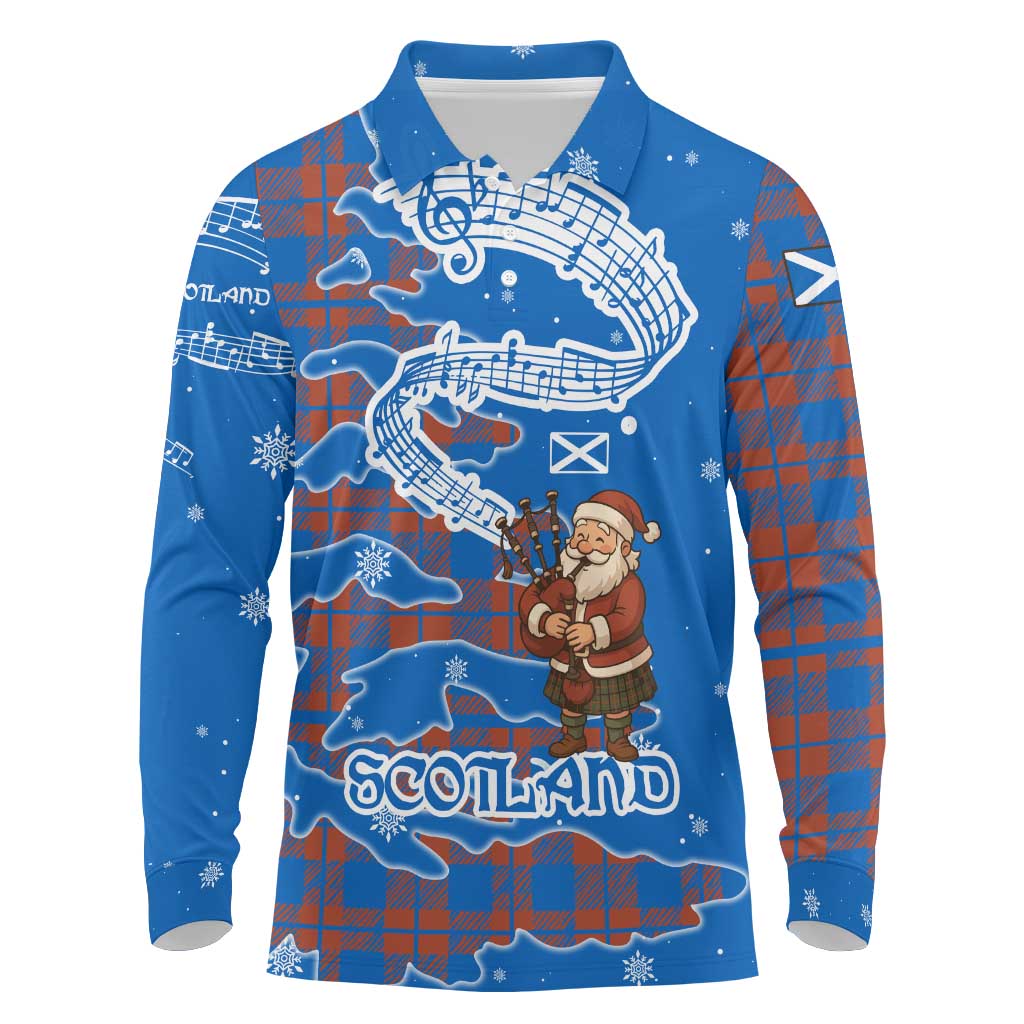 Scotland Christmas Long Sleeve Polo Shirt with Santa Playing Bagpipes and Blue Red Tartan Music Notes - Wonder Print Shop
