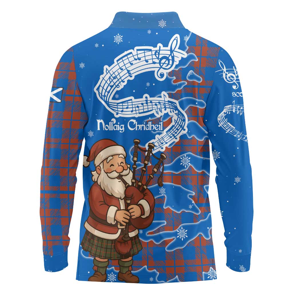 Scotland Christmas Long Sleeve Polo Shirt with Santa Playing Bagpipes and Blue Red Tartan Music Notes - Wonder Print Shop