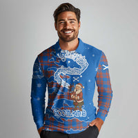 Scotland Christmas Long Sleeve Polo Shirt with Santa Playing Bagpipes and Blue Red Tartan Music Notes - Wonder Print Shop