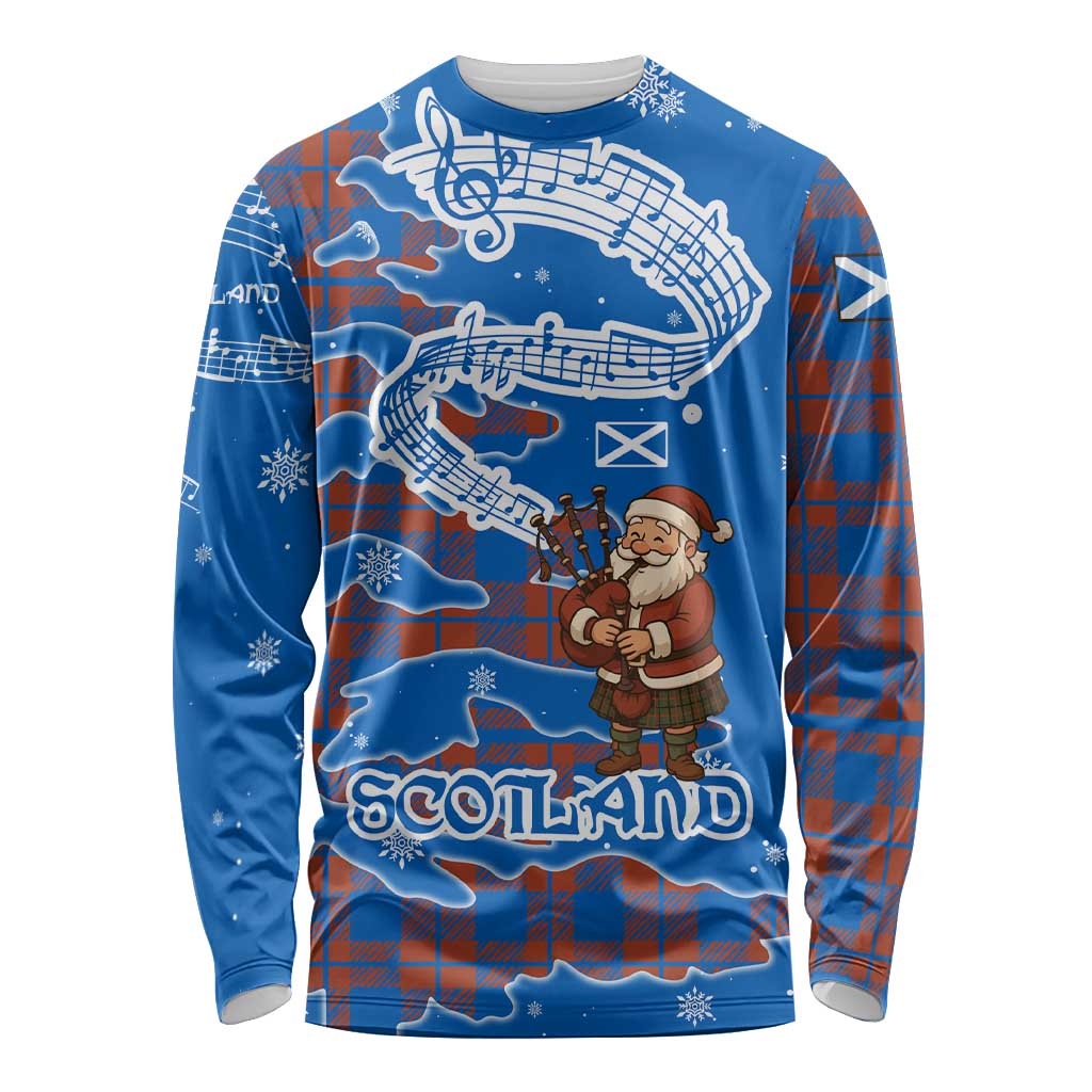 Scotland Christmas Long Sleeve Shirt with Santa Playing Bagpipes and Blue Red Tartan Music Notes - Wonder Print Shop