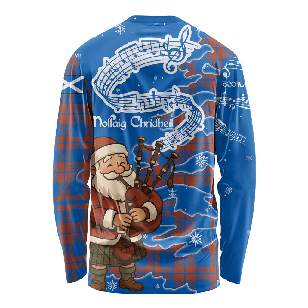 Scotland Christmas Long Sleeve Shirt with Santa Playing Bagpipes and Blue Red Tartan Music Notes - Wonder Print Shop
