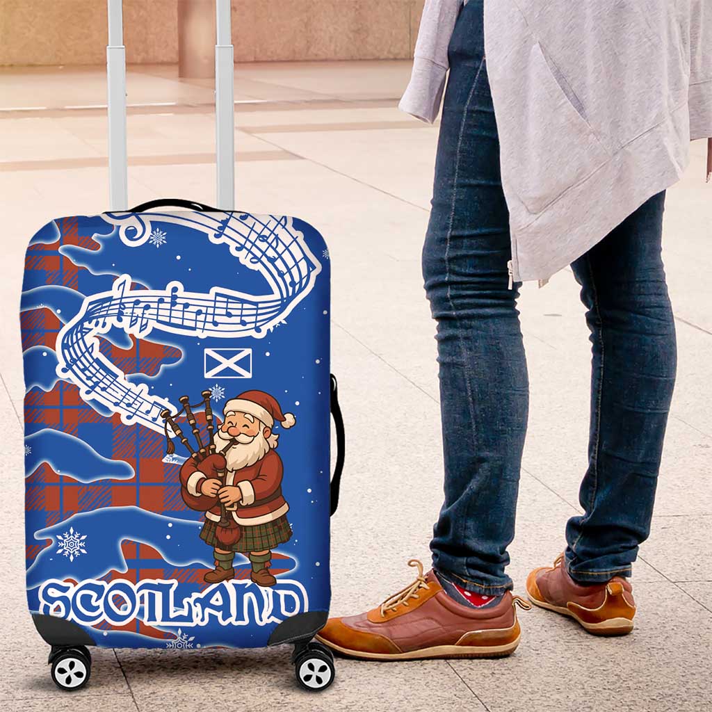 Scotland Christmas Luggage Cover with Santa Playing Bagpipes and Blue Red Tartan Music Notes - Wonder Print Shop