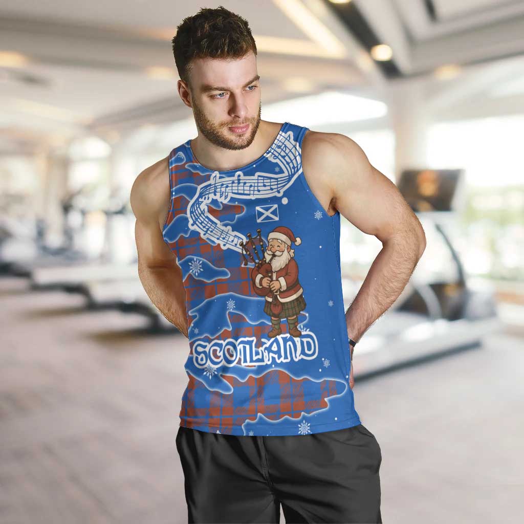 Scotland Christmas Men Tank Top with Santa Playing Bagpipes and Blue Red Tartan Music Notes - Wonder Print Shop