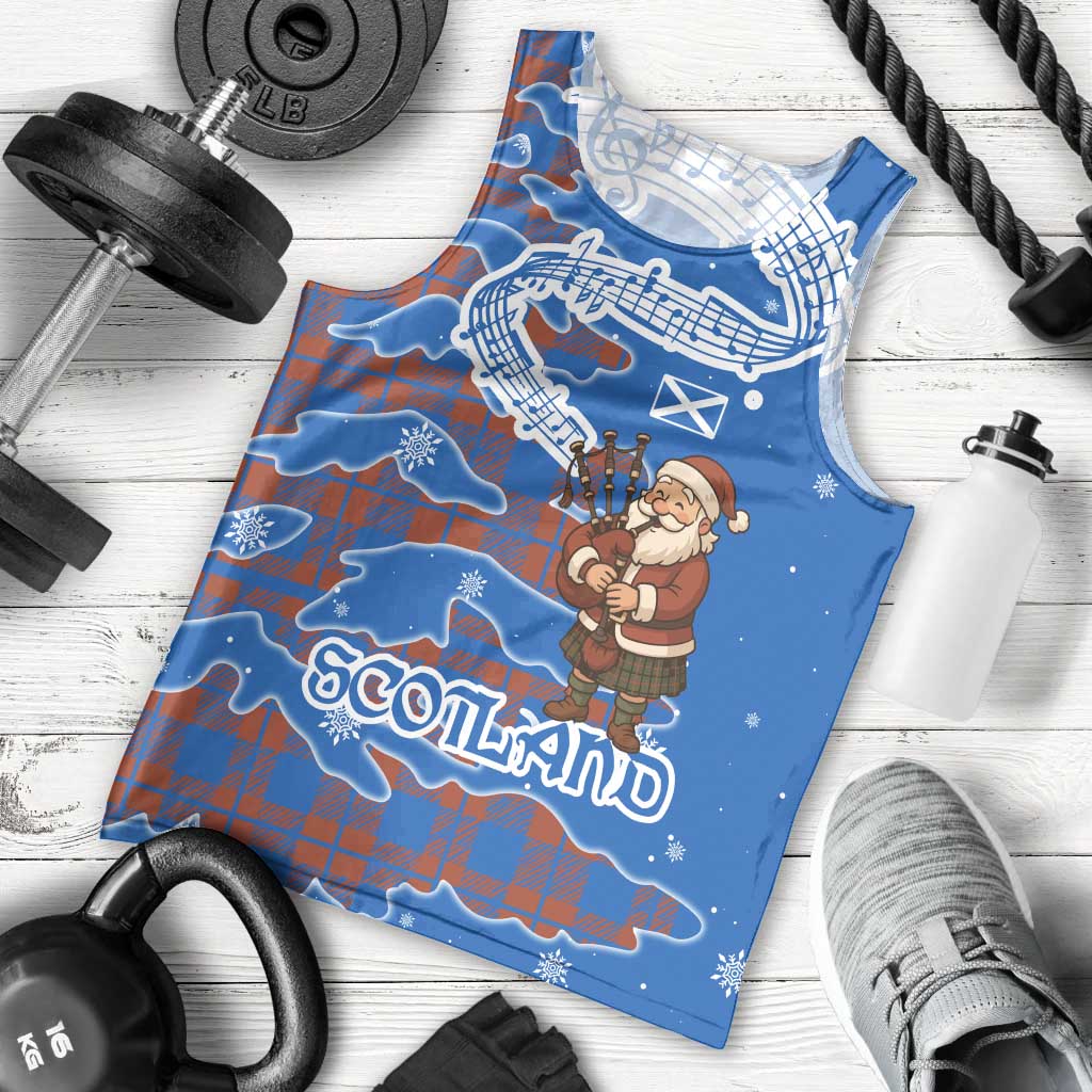 Scotland Christmas Men Tank Top with Santa Playing Bagpipes and Blue Red Tartan Music Notes - Wonder Print Shop