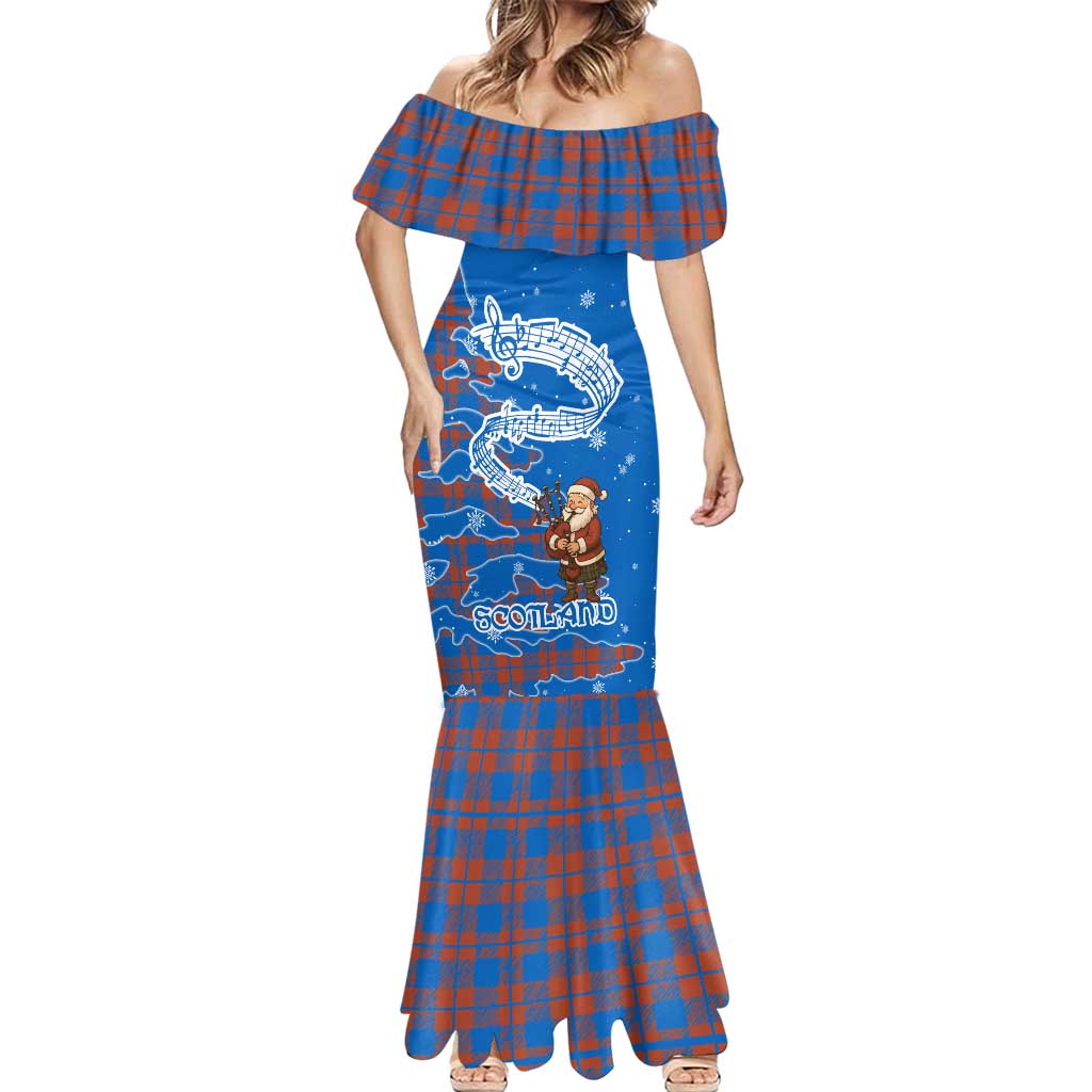 Scotland Christmas Mermaid Dress with Santa Playing Bagpipes and Blue Red Tartan Music Notes - Wonder Print Shop