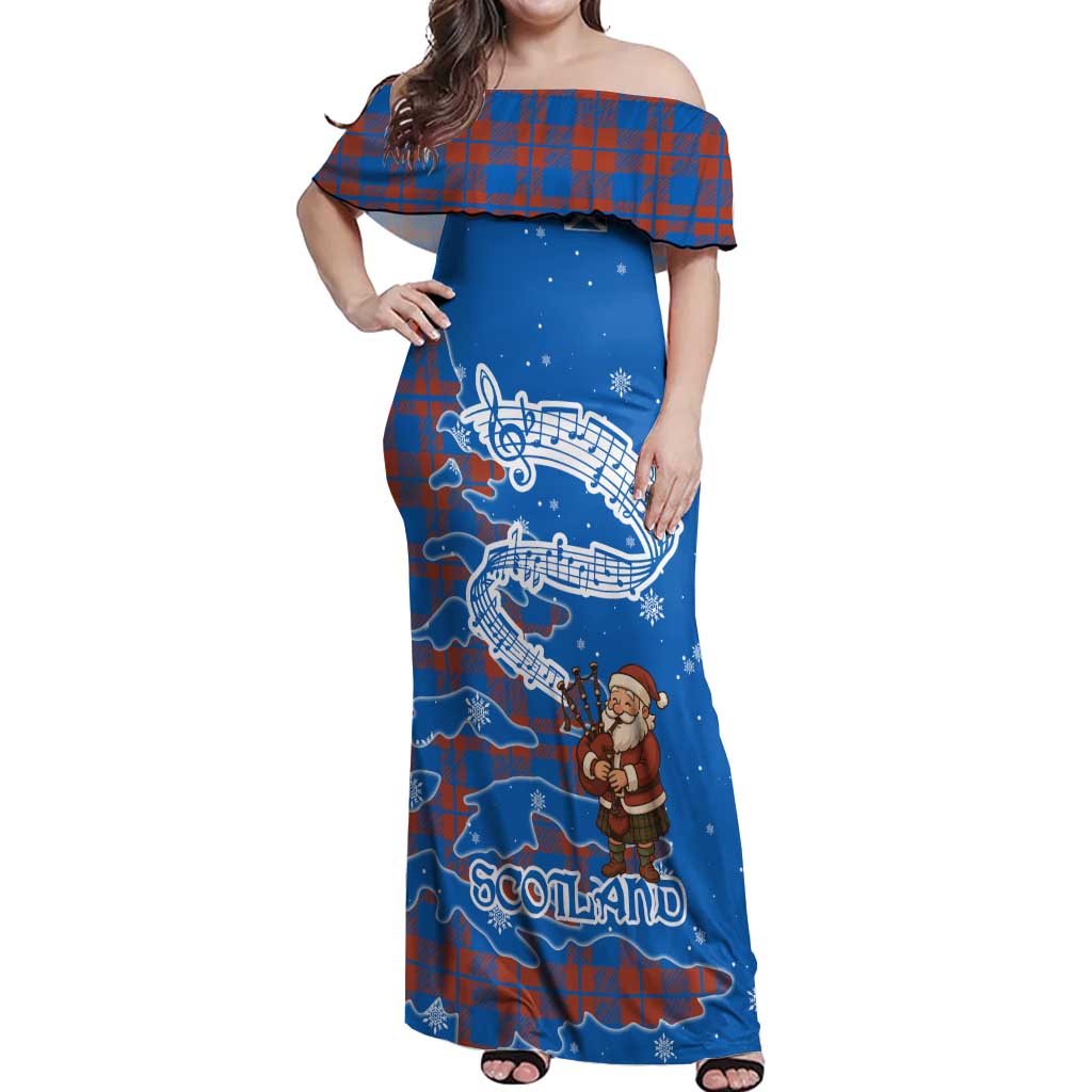 Scotland Christmas Off Shoulder Maxi Dress with Santa Playing Bagpipes and Blue Red Tartan Music Notes - Wonder Print Shop