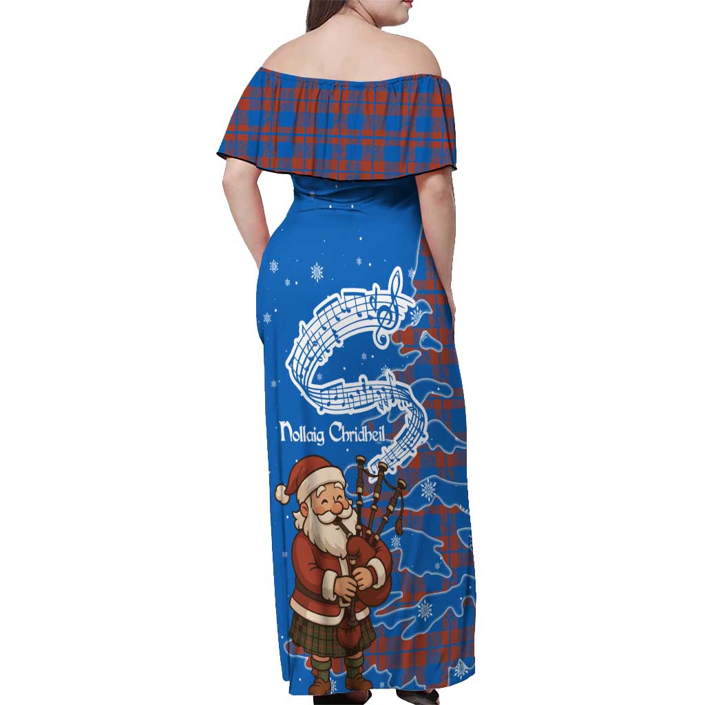 Scotland Christmas Off Shoulder Maxi Dress with Santa Playing Bagpipes and Blue Red Tartan Music Notes - Wonder Print Shop