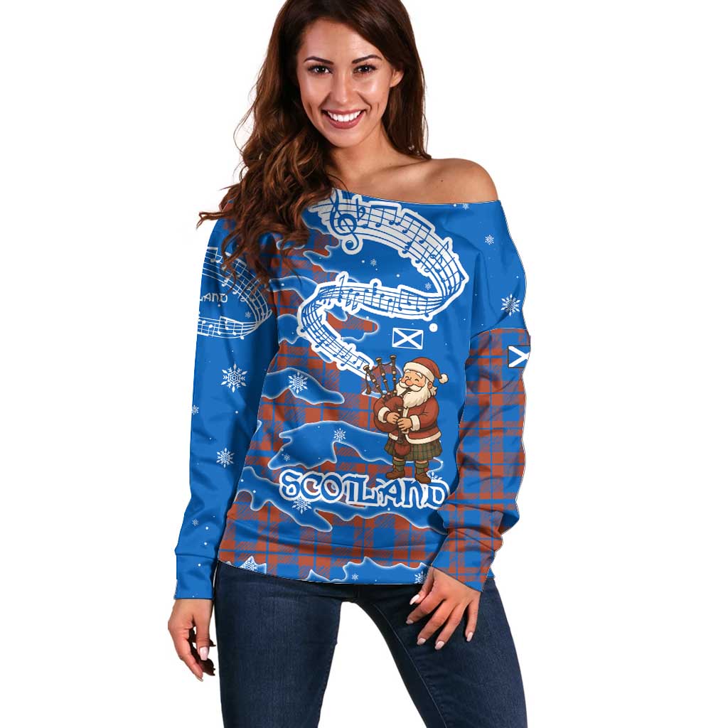 Scotland Christmas Off Shoulder Sweater with Santa Playing Bagpipes and Blue Red Tartan Music Notes - Wonder Print Shop