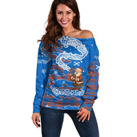 Scotland Christmas Off Shoulder Sweater with Santa Playing Bagpipes and Blue Red Tartan Music Notes - Wonder Print Shop