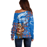Scotland Christmas Off Shoulder Sweater with Santa Playing Bagpipes and Blue Red Tartan Music Notes - Wonder Print Shop