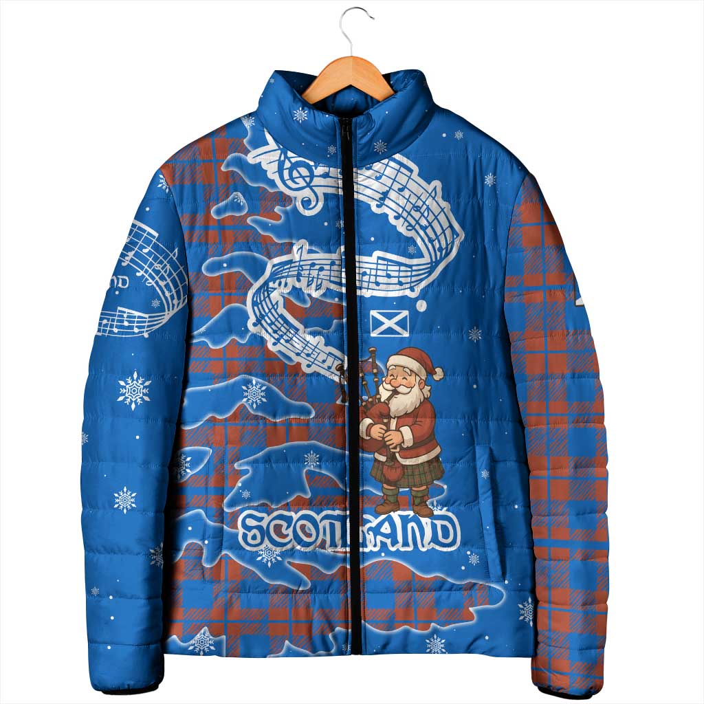 Scotland Christmas Padded Jacket with Santa Playing Bagpipes and Blue Red Tartan Music Notes - Wonder Print Shop