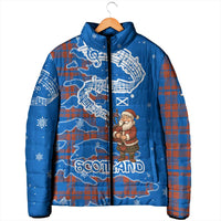 Scotland Christmas Padded Jacket with Santa Playing Bagpipes and Blue Red Tartan Music Notes - Wonder Print Shop