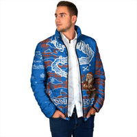 Scotland Christmas Padded Jacket with Santa Playing Bagpipes and Blue Red Tartan Music Notes - Wonder Print Shop