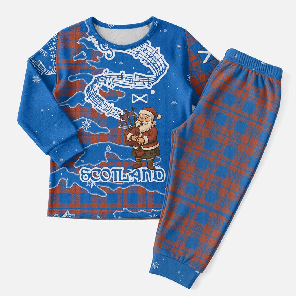 Scotland Christmas Pajama Set with Santa Playing Bagpipes and Blue Red Tartan Music Notes - Wonder Print Shop