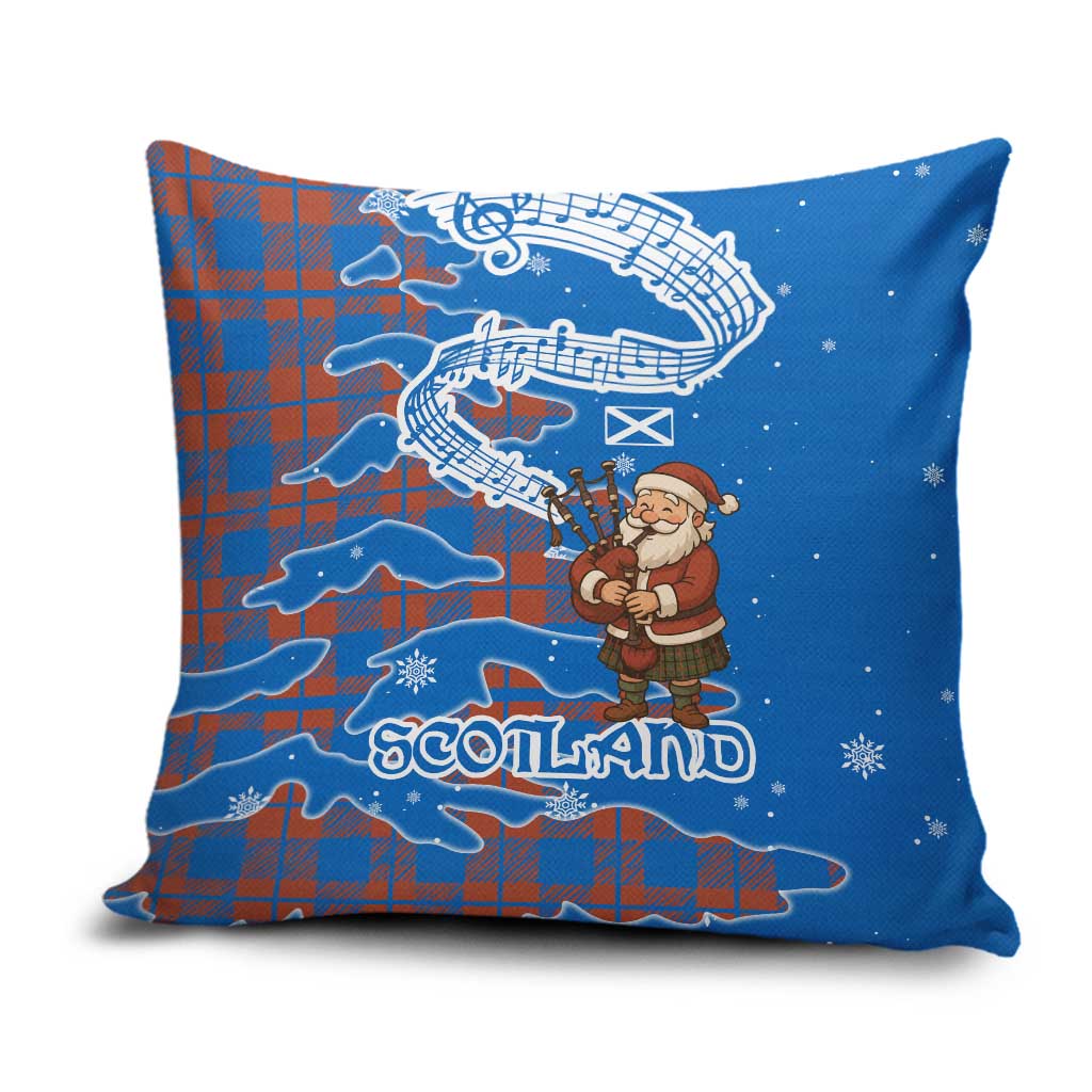 Scotland Christmas Pillow Cover with Santa Playing Bagpipes and Blue Red Tartan Music Notes - Wonder Print Shop