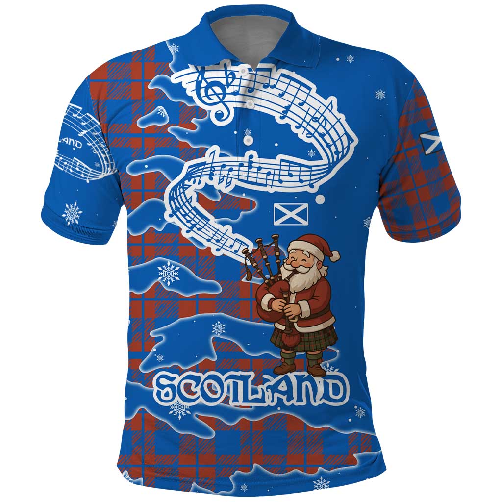Scotland Christmas Polo Shirt with Santa Playing Bagpipes and Blue Red Tartan Music Notes - Wonder Print Shop