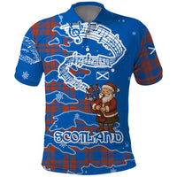 Scotland Christmas Polo Shirt with Santa Playing Bagpipes and Blue Red Tartan Music Notes - Wonder Print Shop