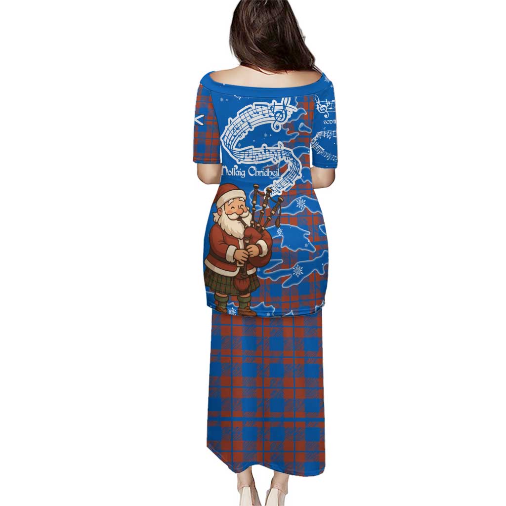 Scotland Christmas Puletasi with Santa Playing Bagpipes and Blue Red Tartan Music Notes - Wonder Print Shop