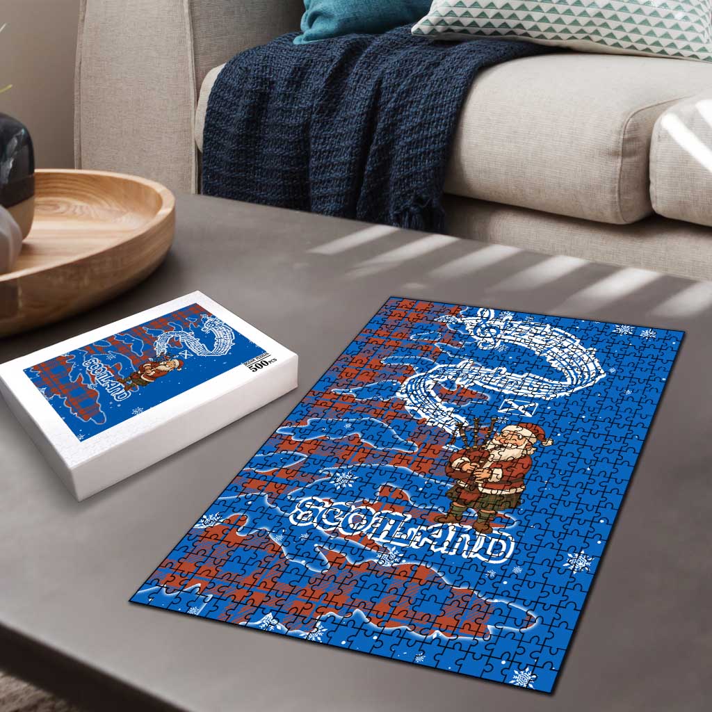 Scotland Christmas Puzzle with Santa Playing Bagpipes and Blue Red Tartan Music Notes - Wonder Print Shop