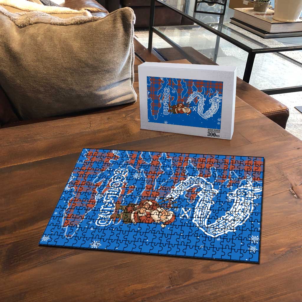 Scotland Christmas Puzzle with Santa Playing Bagpipes and Blue Red Tartan Music Notes - Wonder Print Shop