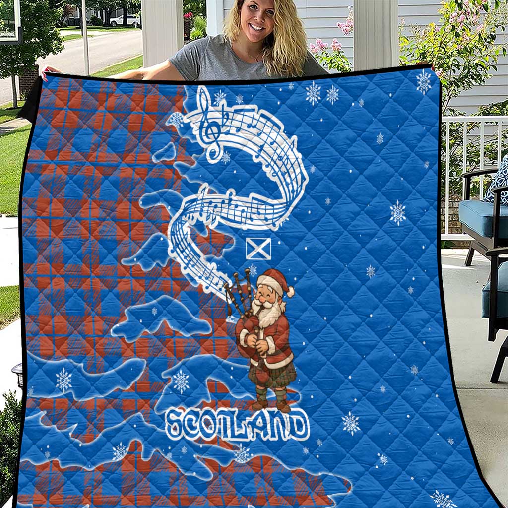 Scotland Christmas Quilt with Santa Playing Bagpipes and Blue Red Tartan Music Notes - Wonder Print Shop