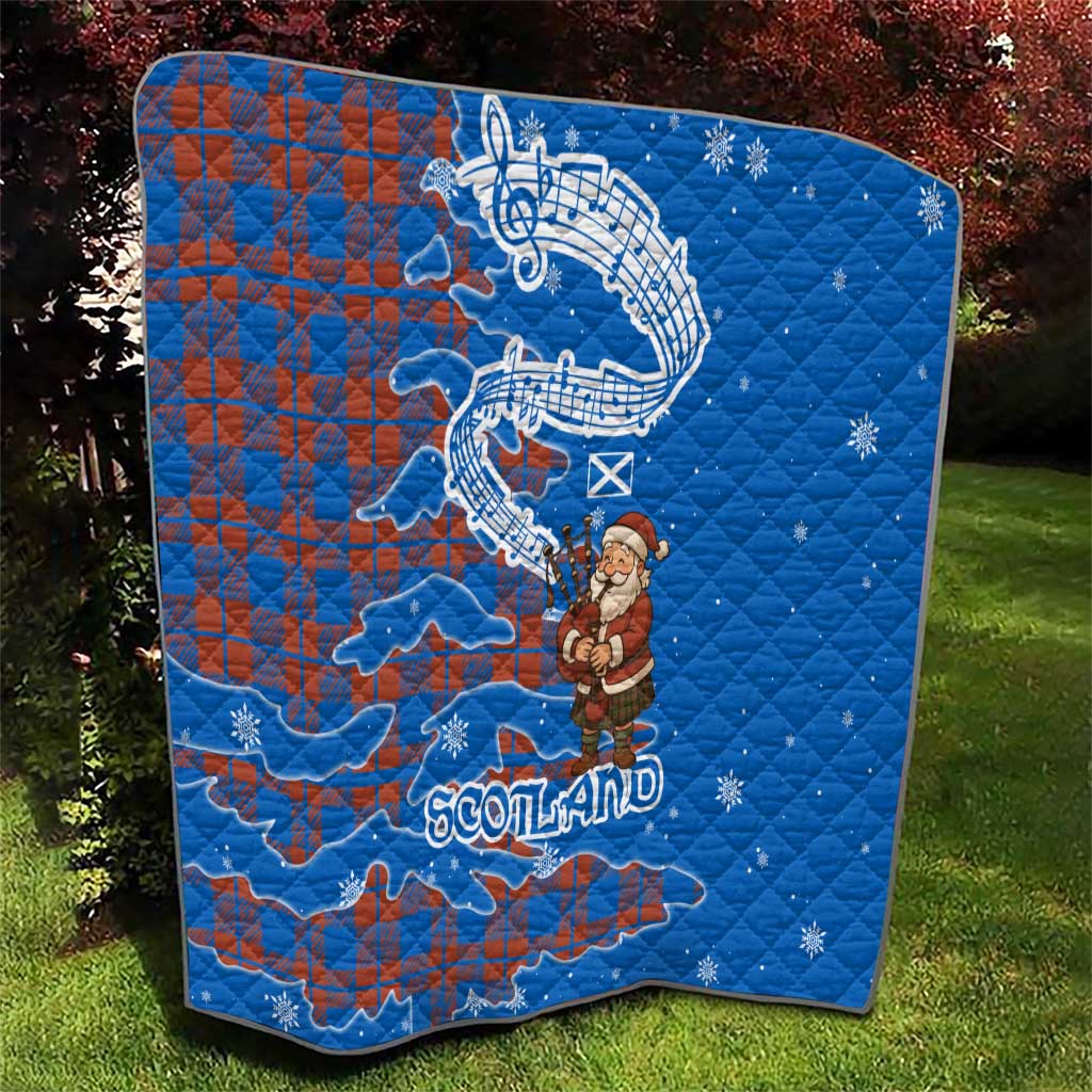 Scotland Christmas Quilt with Santa Playing Bagpipes and Blue Red Tartan Music Notes - Wonder Print Shop