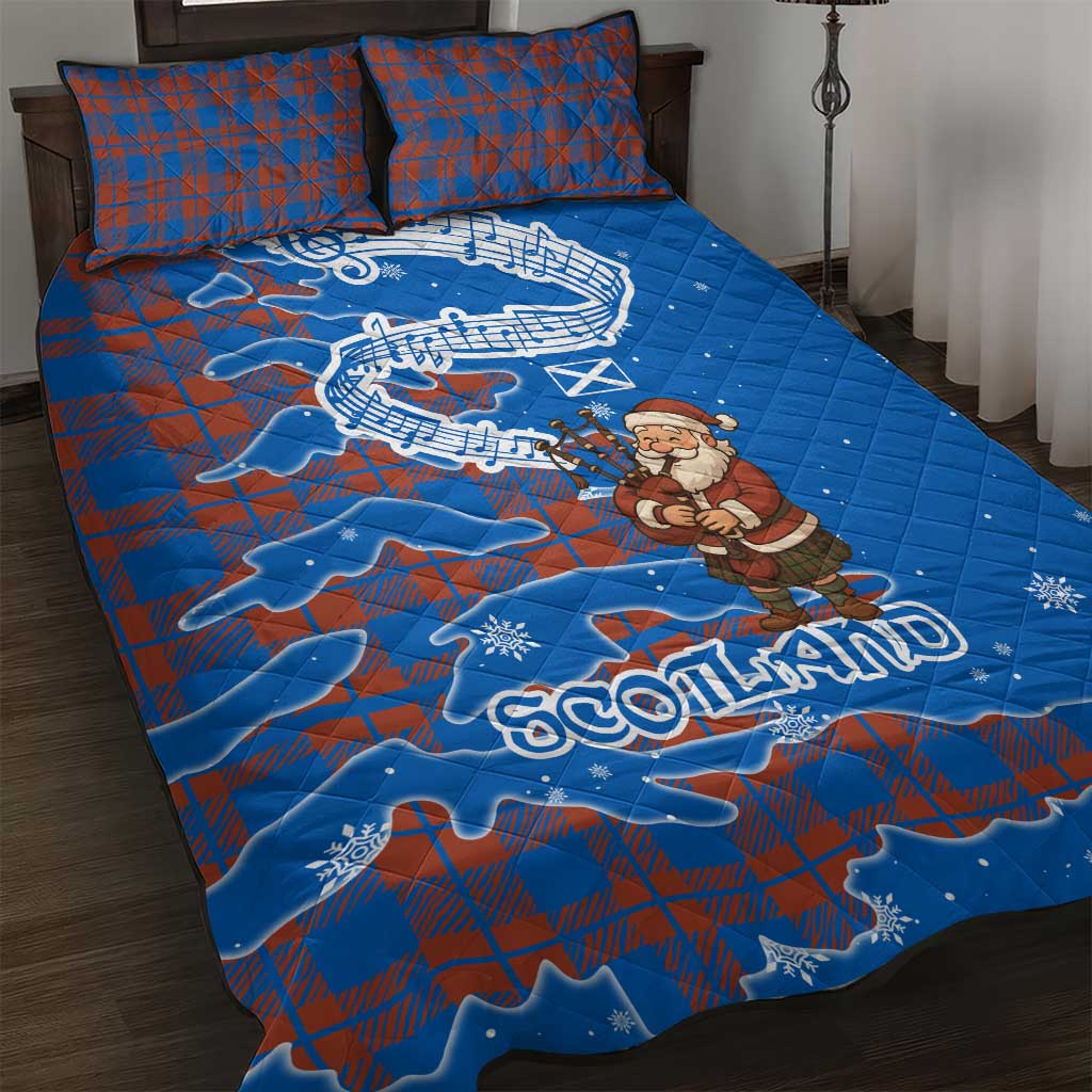 Scotland Christmas Quilt Bed Set with Santa Playing Bagpipes and Blue Red Tartan Music Notes - Wonder Print Shop