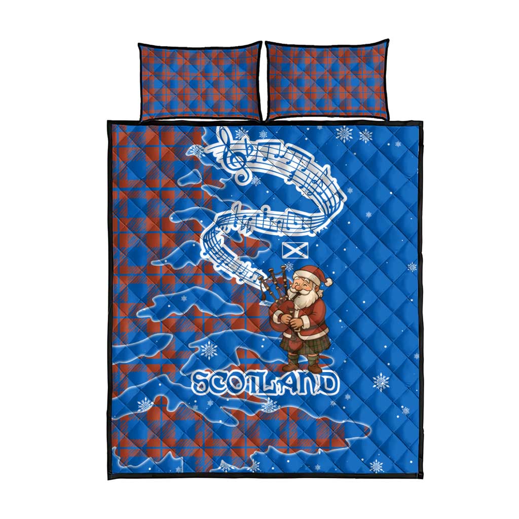 Scotland Christmas Quilt Bed Set with Santa Playing Bagpipes and Blue Red Tartan Music Notes - Wonder Print Shop