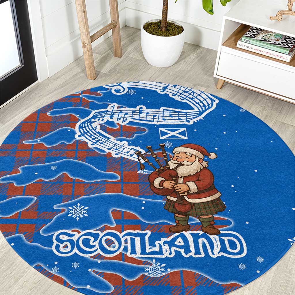 Scotland Christmas Round Carpet with Santa Playing Bagpipes and Blue Red Tartan Music Notes - Wonder Print Shop