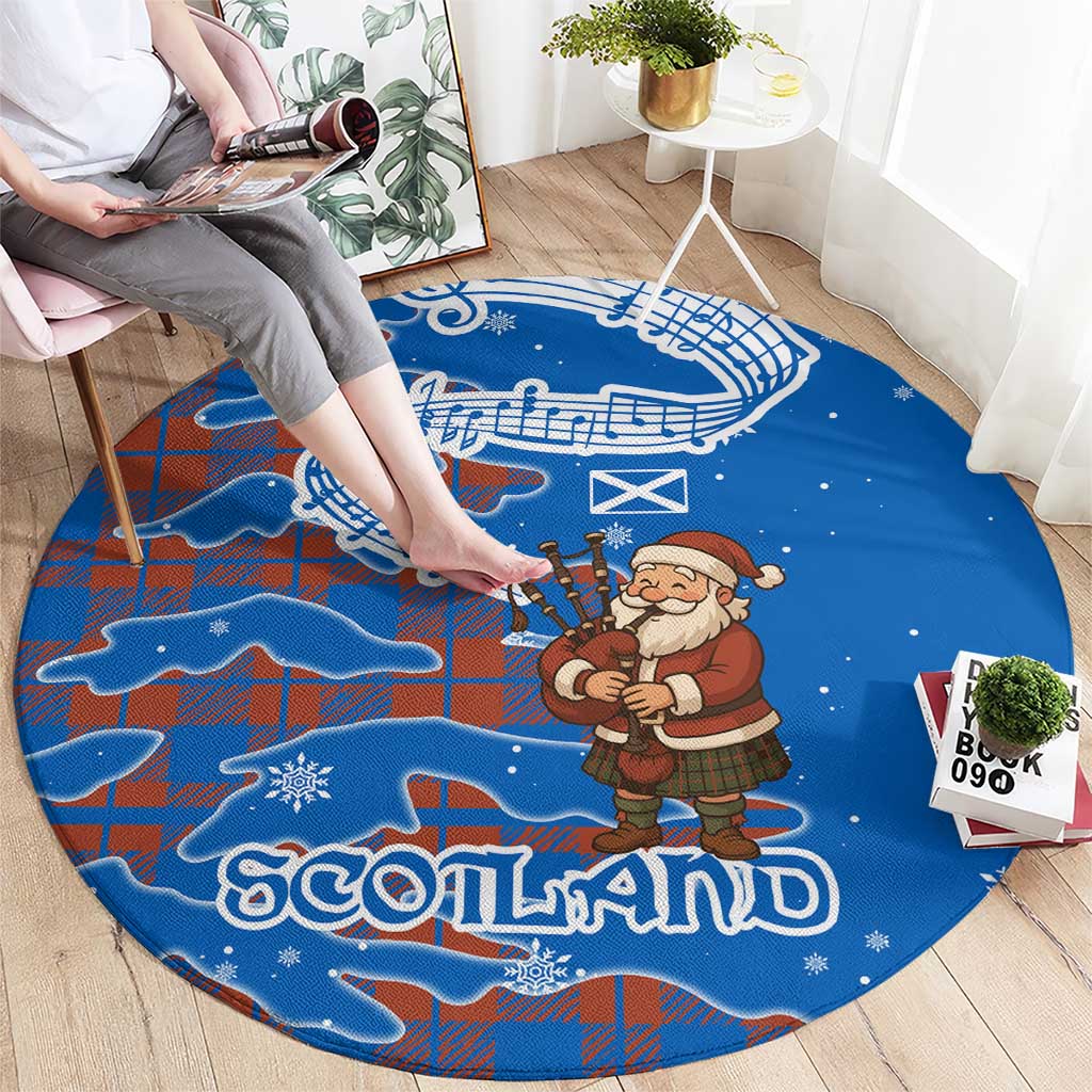 Scotland Christmas Round Carpet with Santa Playing Bagpipes and Blue Red Tartan Music Notes - Wonder Print Shop
