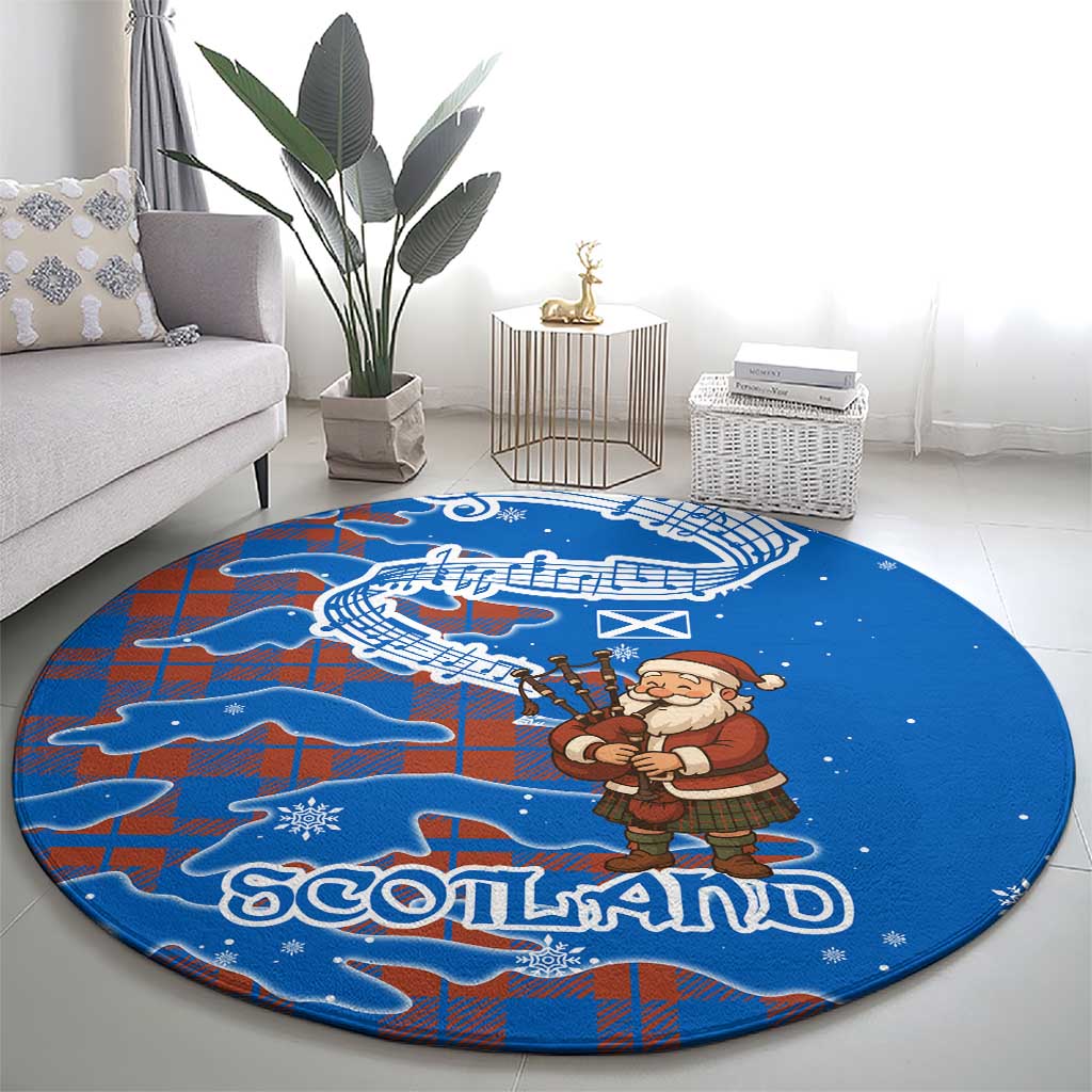 Scotland Christmas Round Carpet with Santa Playing Bagpipes and Blue Red Tartan Music Notes - Wonder Print Shop