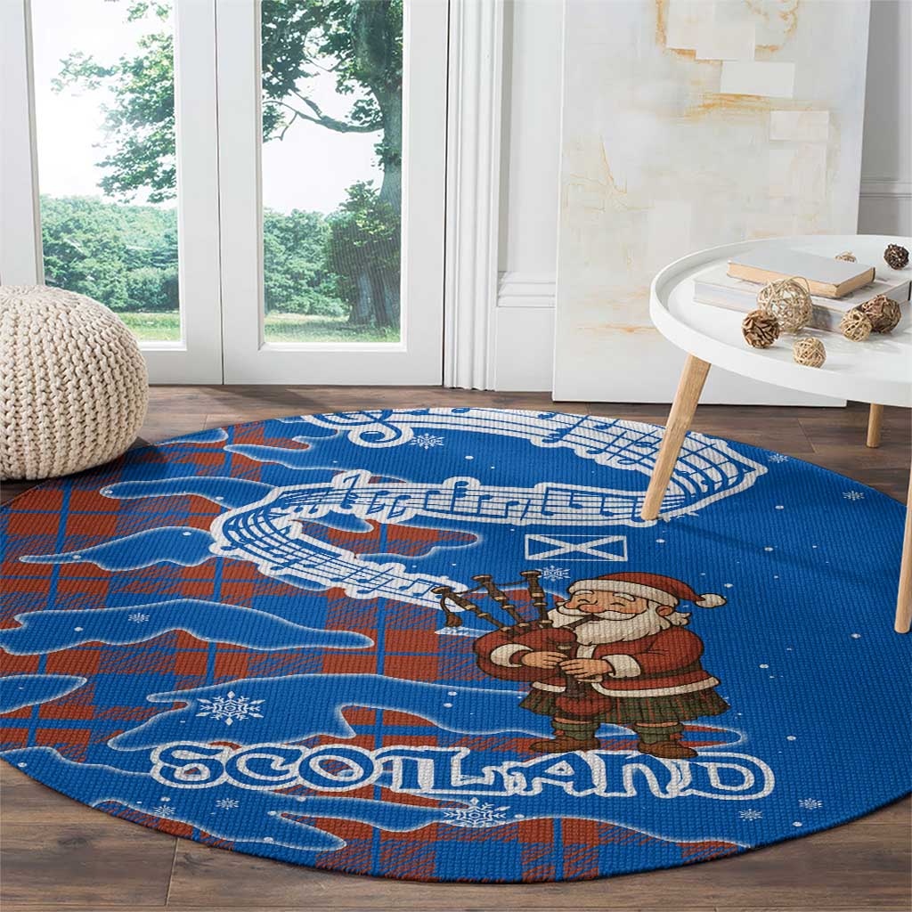 Scotland Christmas Round Carpet with Santa Playing Bagpipes and Blue Red Tartan Music Notes - Wonder Print Shop