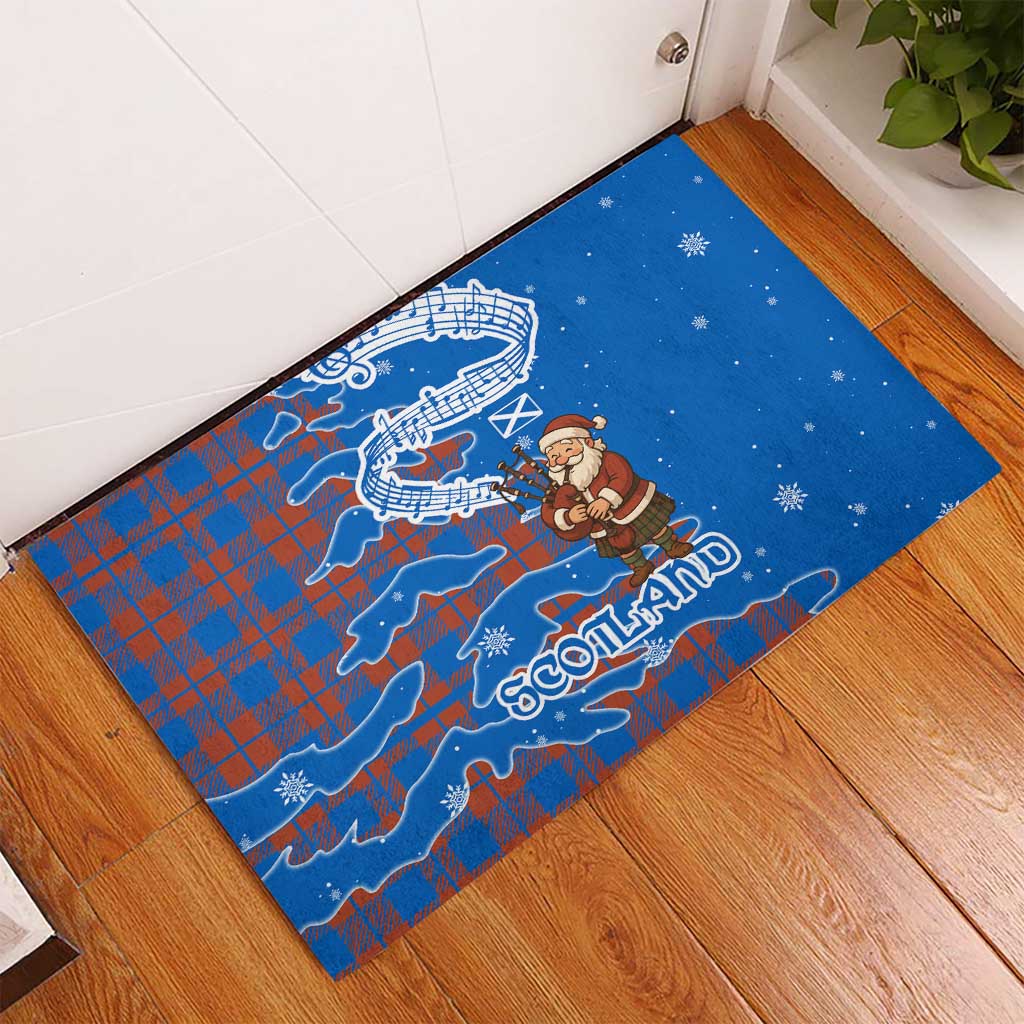 Scotland Christmas Rubber Doormat with Santa Playing Bagpipes and Blue Red Tartan Music Notes - Wonder Print Shop
