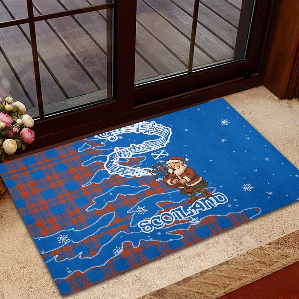 Scotland Christmas Rubber Doormat with Santa Playing Bagpipes and Blue Red Tartan Music Notes - Wonder Print Shop