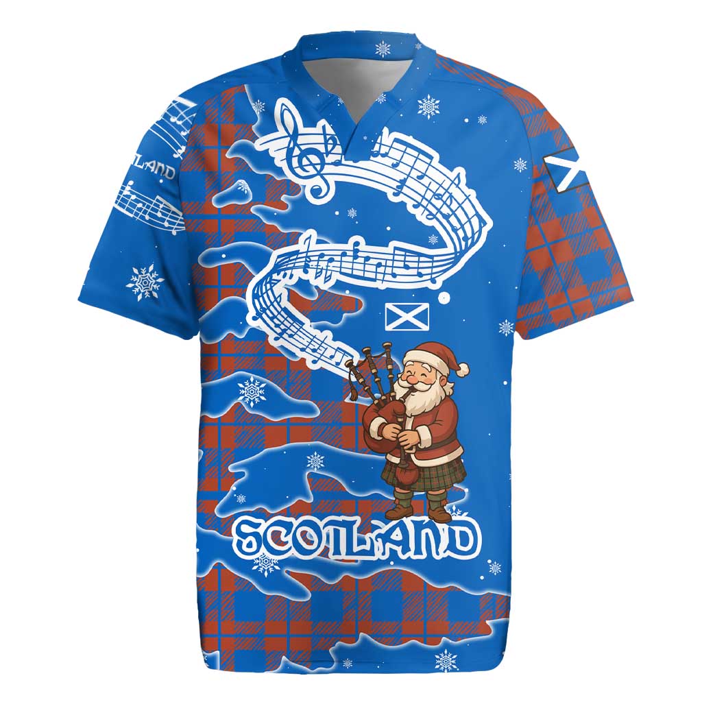 Scotland Christmas Rugby Jersey with Santa Playing Bagpipes and Blue Red Tartan Music Notes - Wonder Print Shop