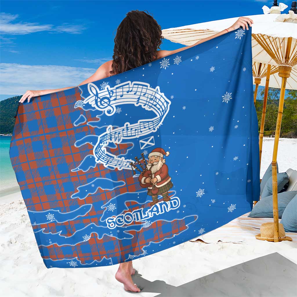 Scotland Christmas Sarong with Santa Playing Bagpipes and Blue Red Tartan Music Notes - Wonder Print Shop