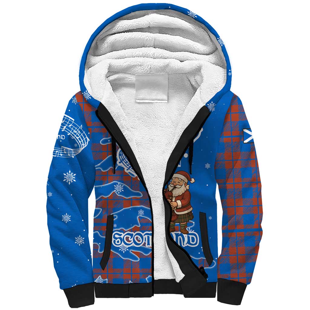 Scotland Christmas Sherpa Hoodie with Santa Playing Bagpipes and Blue Red Tartan Music Notes - Wonder Print Shop