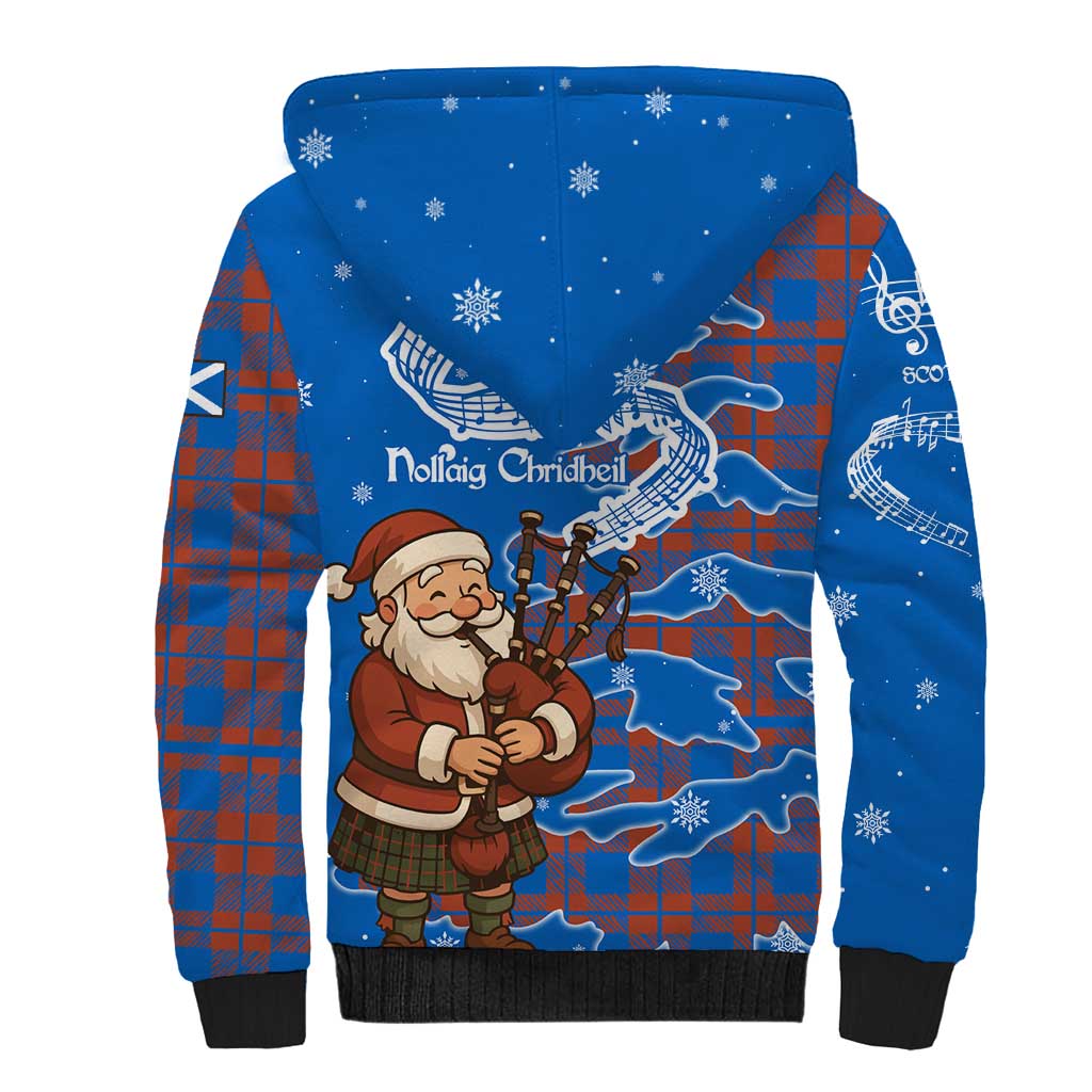 Scotland Christmas Sherpa Hoodie with Santa Playing Bagpipes and Blue Red Tartan Music Notes - Wonder Print Shop