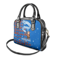 Scotland Christmas Shoulder Handbag with Santa Playing Bagpipes and Blue Red Tartan Music Notes - Wonder Print Shop